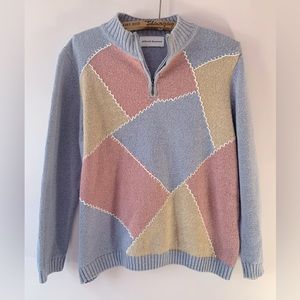 Alfred Dunner Pastel Patchwork Blue & Pink Sweater Embroidered 1/4 Zip Sz M